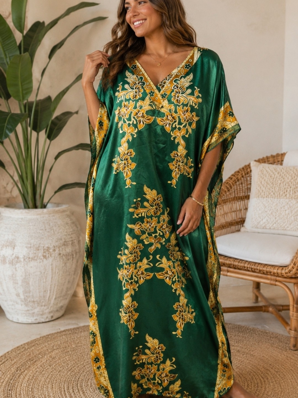 Green Floral Embroidered Maxi Kimono Caftan
